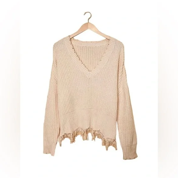 Women’s Waffle Knit Tassel Hem Pull Over Sweater - Picture 3 of 4